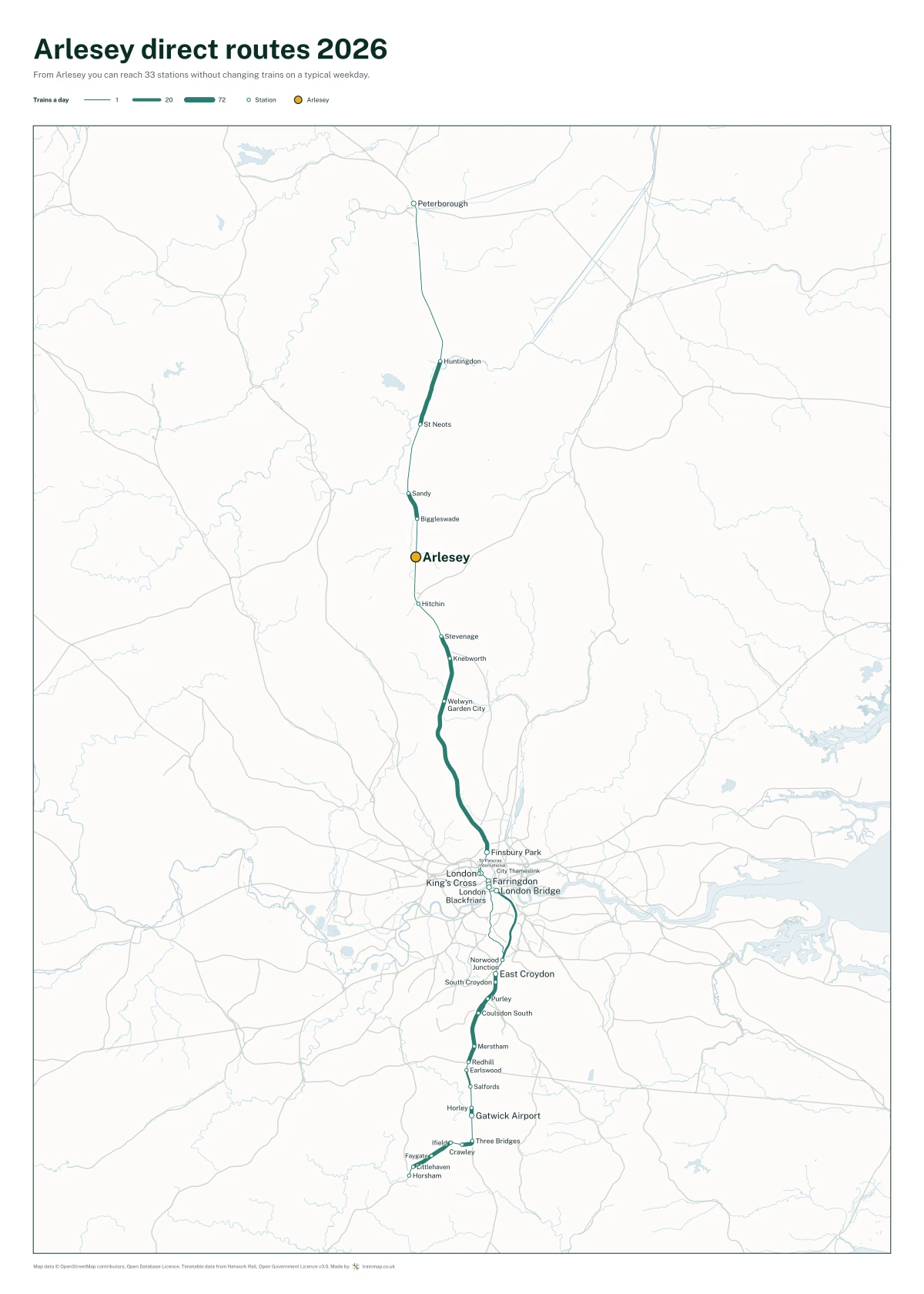 Arlesey direct routes 2026: a map of every station you can reach from Arlesey without changing trains, the lines thicker where more trains run
