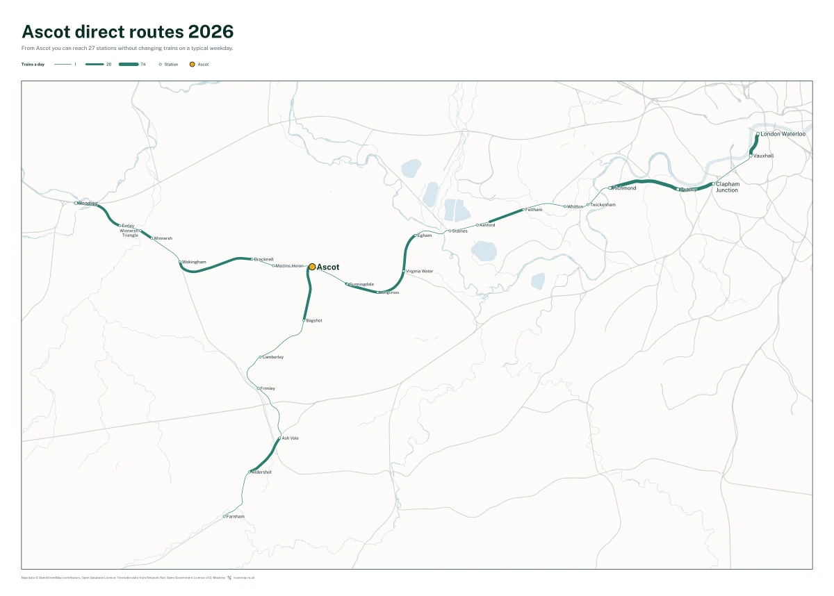 Ascot direct routes 2026: a map of every station you can reach from Ascot without changing trains, the lines thicker where more trains run