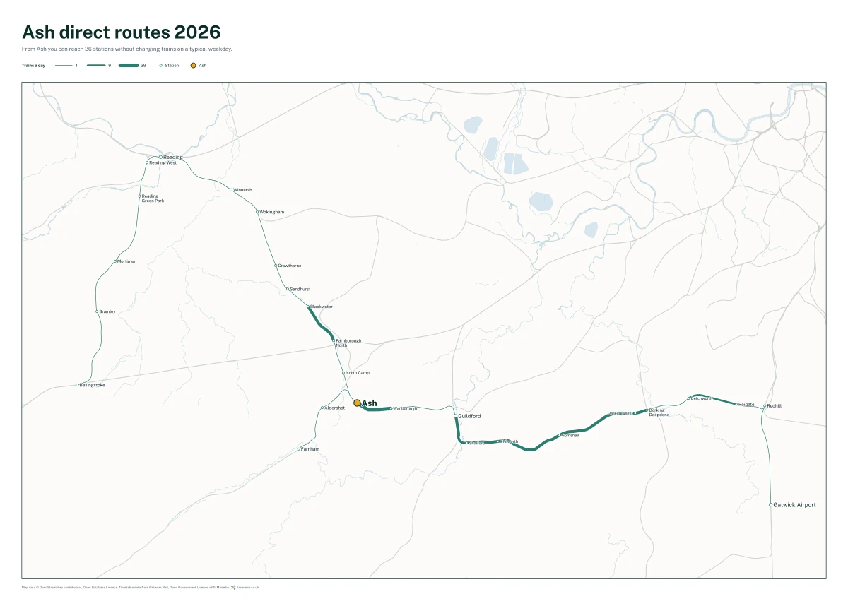 Ash direct routes 2026: a map of every station you can reach from Ash without changing trains, the lines thicker where more trains run