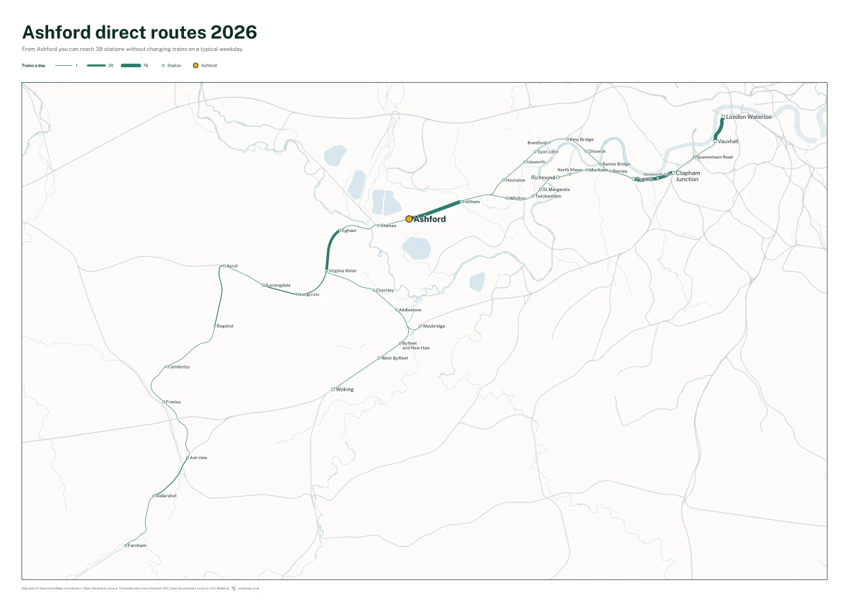Ashford direct routes 2026: a map of every station you can reach from Ashford without changing trains, the lines thicker where more trains run