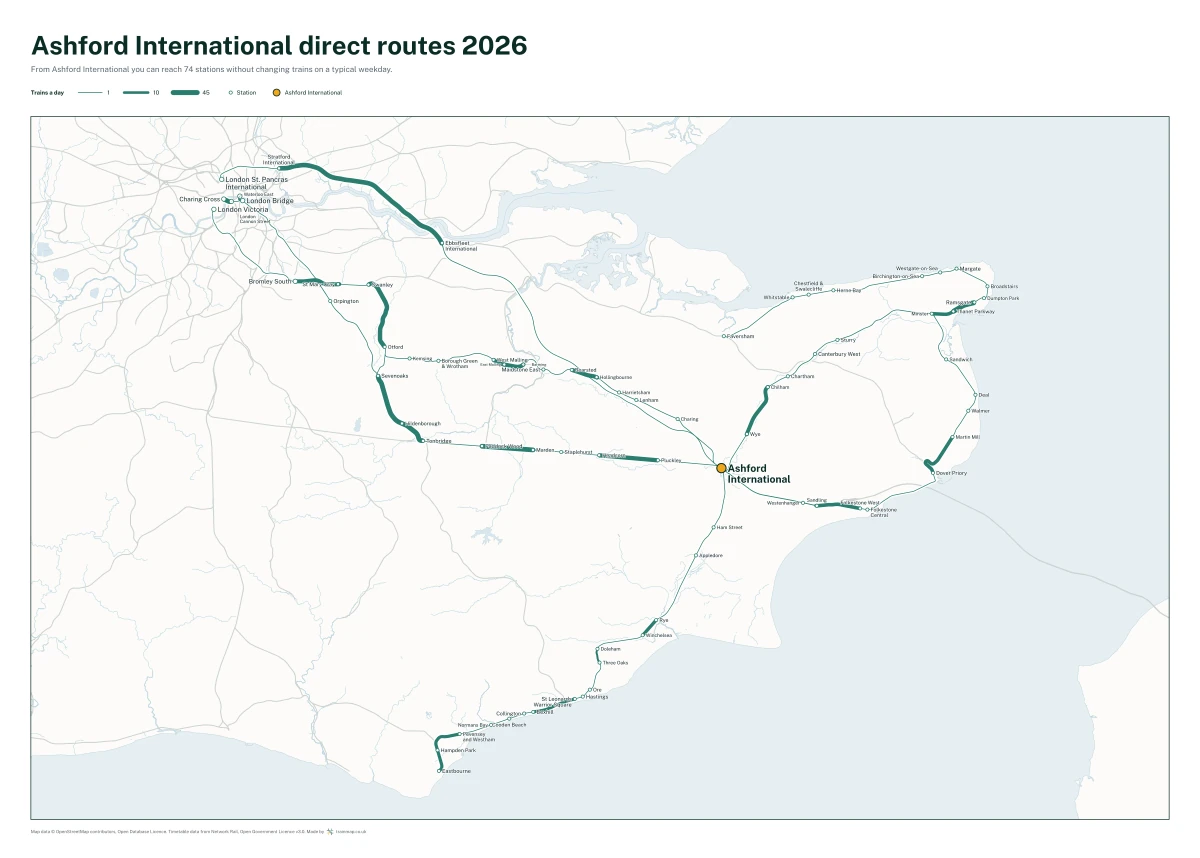 Ashford International direct routes 2026: a map of every station you can reach from Ashford International without changing trains, the lines thicker where more trains run