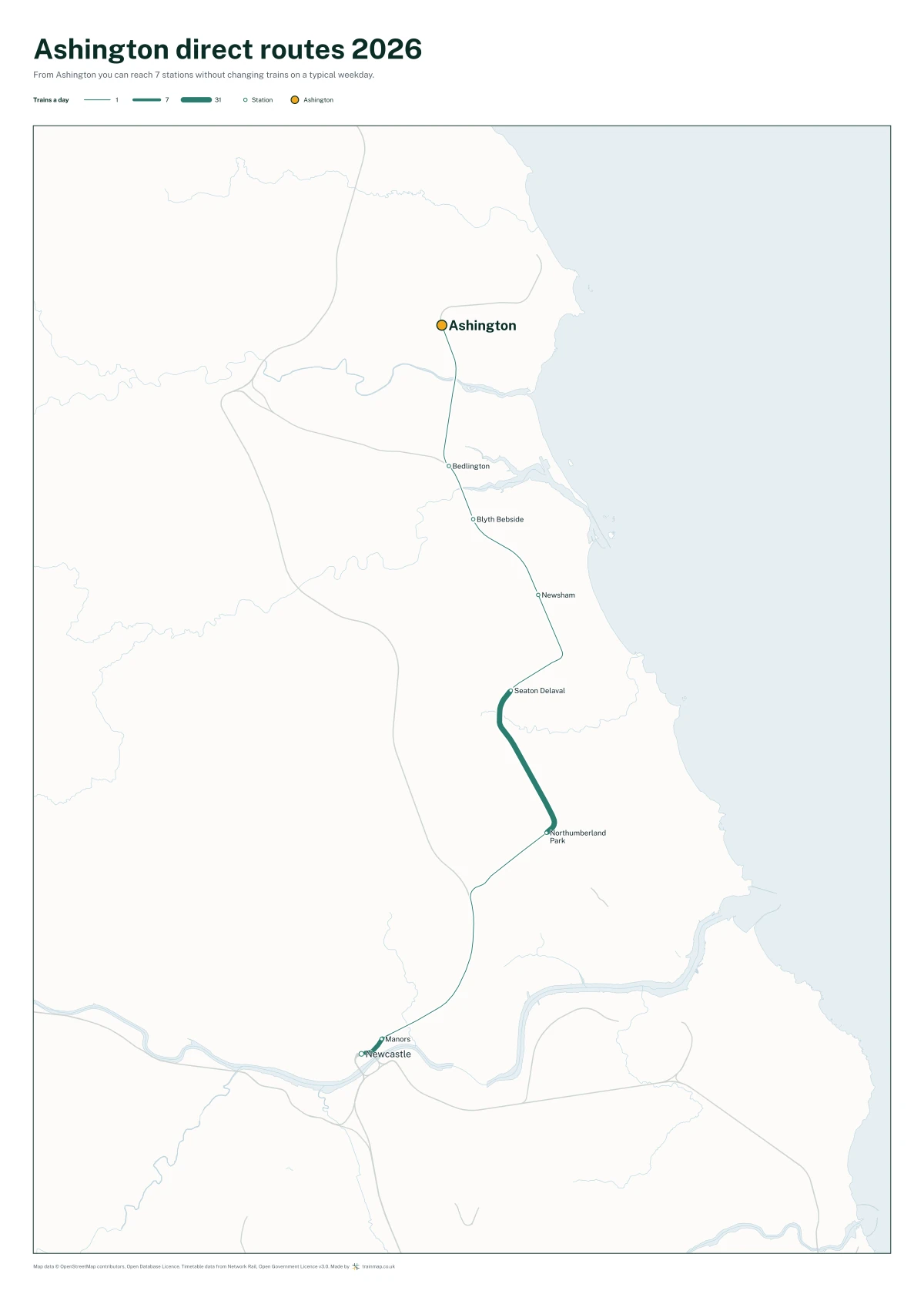 Ashington direct routes 2026: a map of every station you can reach from Ashington without changing trains, the lines thicker where more trains run