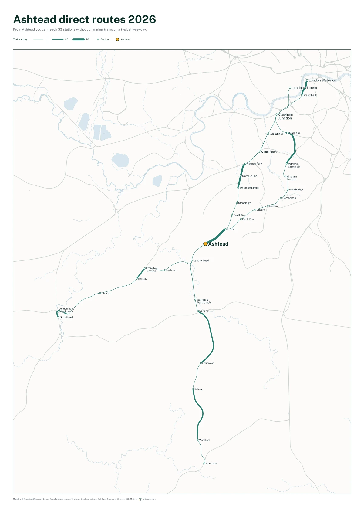 Ashtead direct routes 2026: a map of every station you can reach from Ashtead without changing trains, the lines thicker where more trains run