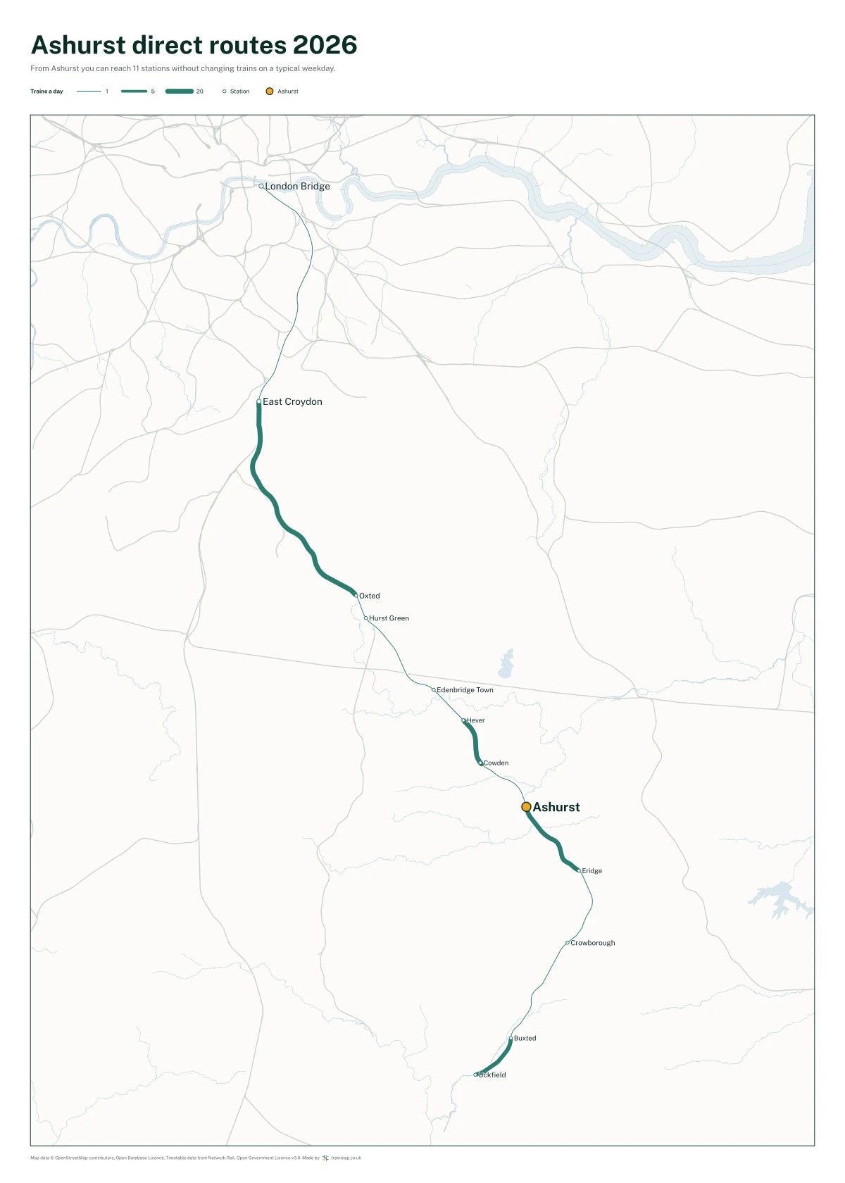 Ashurst direct routes 2026: a map of every station you can reach from Ashurst without changing trains, the lines thicker where more trains run
