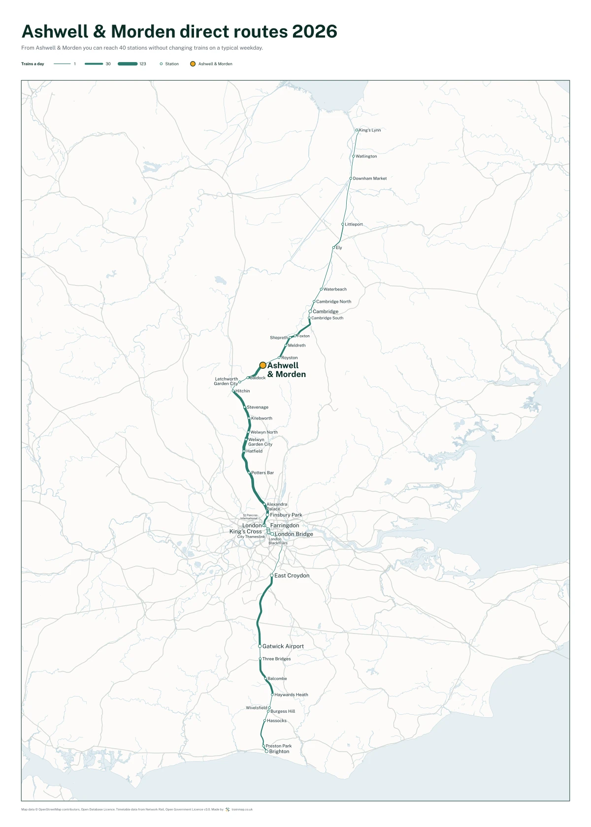 Ashwell & Morden direct routes 2026: a map of every station you can reach from Ashwell & Morden without changing trains, the lines thicker where more trains run