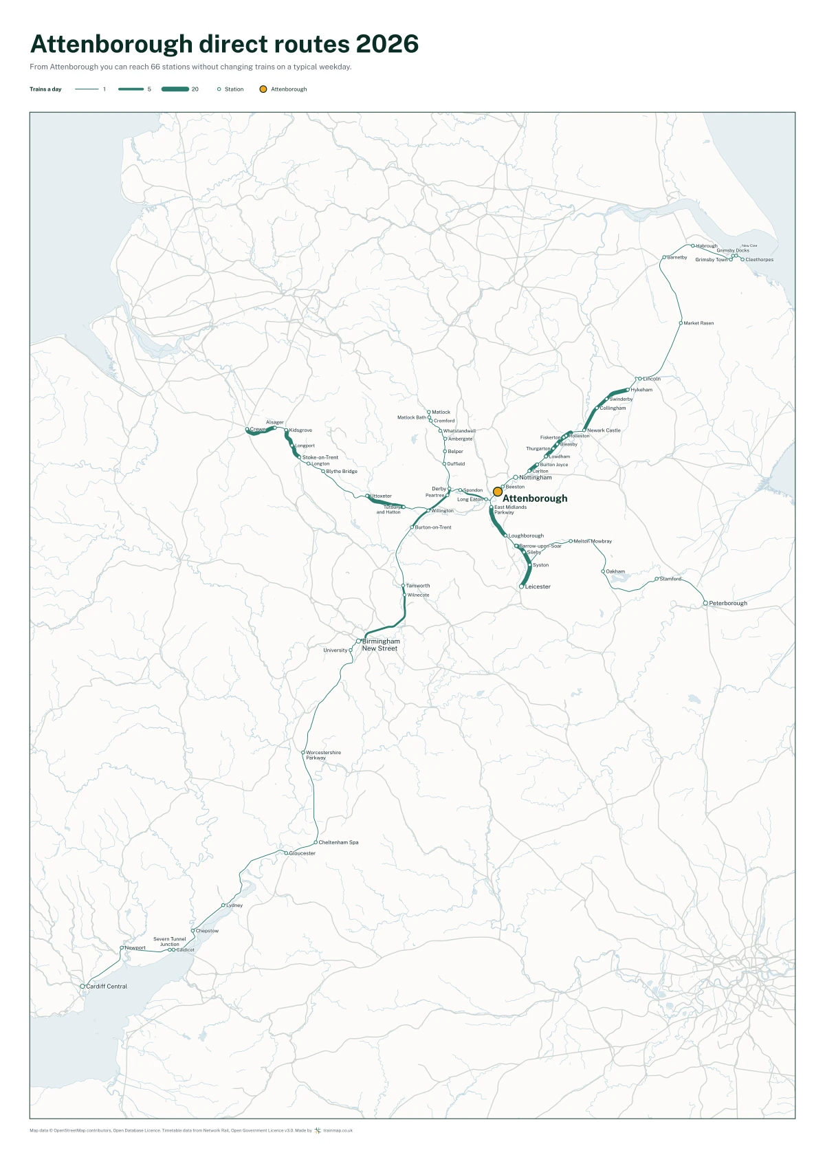 Attenborough direct routes 2026: a map of every station you can reach from Attenborough without changing trains, the lines thicker where more trains run