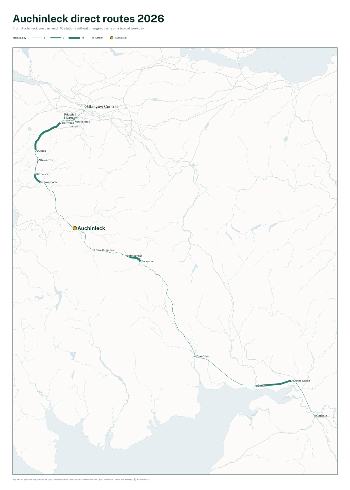 Auchinleck direct routes 2026: a map of every station you can reach from Auchinleck without changing trains, the lines thicker where more trains run