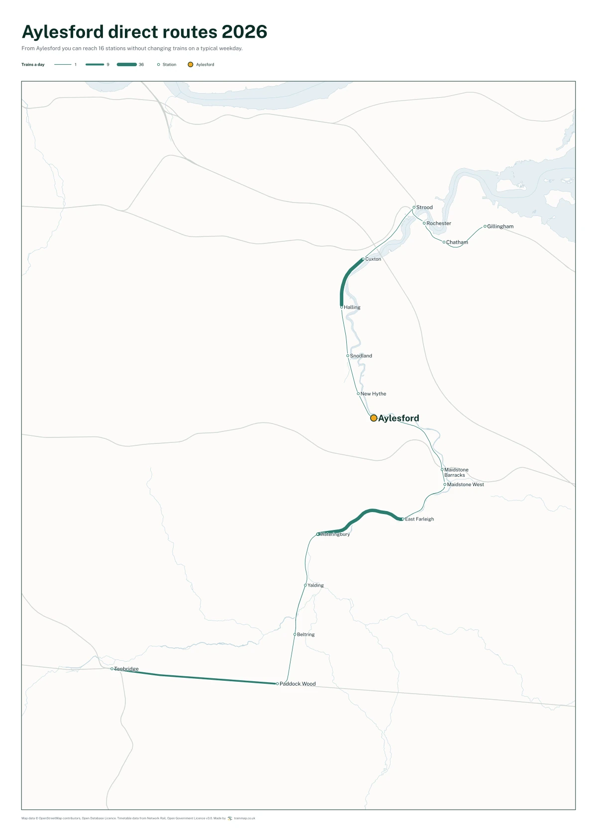 Aylesford direct routes 2026: a map of every station you can reach from Aylesford without changing trains, the lines thicker where more trains run