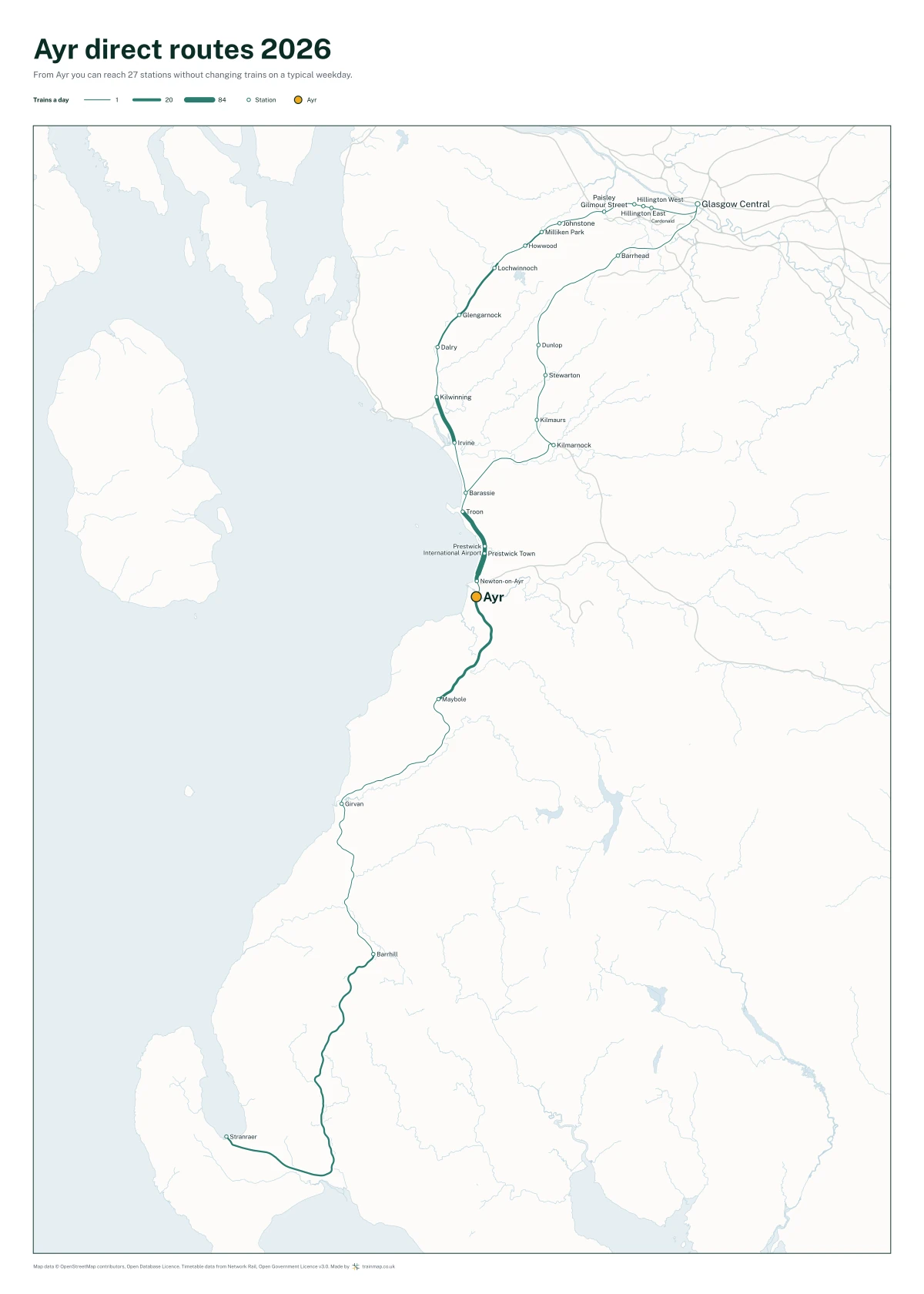 Ayr direct routes 2026: a map of every station you can reach from Ayr without changing trains, the lines thicker where more trains run