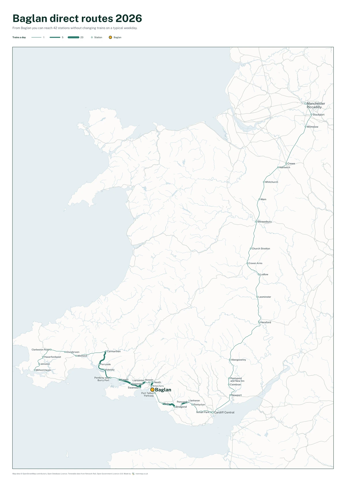 Baglan direct routes 2026: a map of every station you can reach from Baglan without changing trains, the lines thicker where more trains run