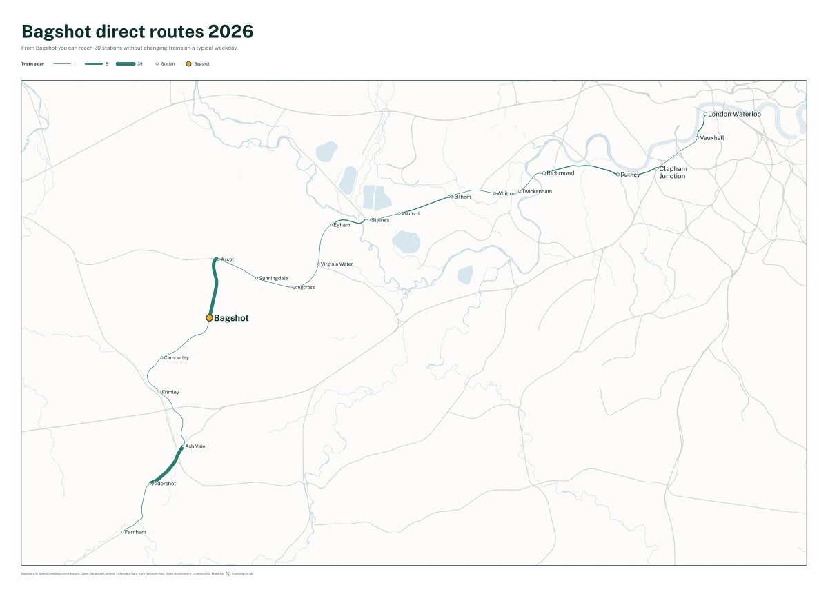 Bagshot direct routes 2026: a map of every station you can reach from Bagshot without changing trains, the lines thicker where more trains run