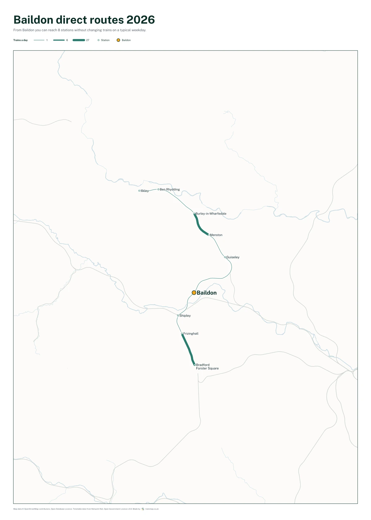 Baildon direct routes 2026: a map of every station you can reach from Baildon without changing trains, the lines thicker where more trains run