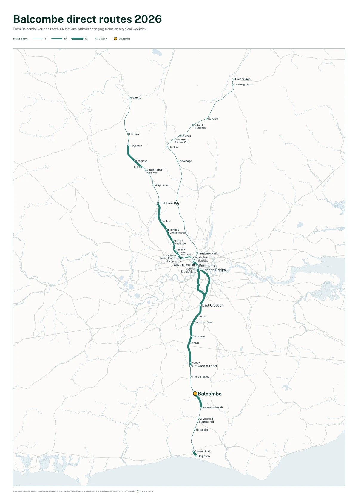 Balcombe direct routes 2026: a map of every station you can reach from Balcombe without changing trains, the lines thicker where more trains run