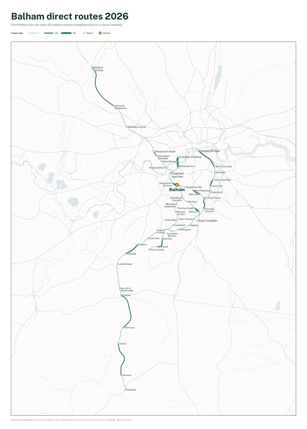 Balham direct routes 2026: a map of every station you can reach from Balham without changing trains, the lines thicker where more trains run