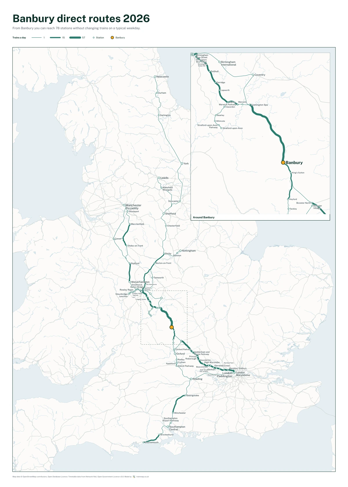 Banbury direct routes 2026: a map of every station you can reach from Banbury without changing trains, the lines thicker where more trains run