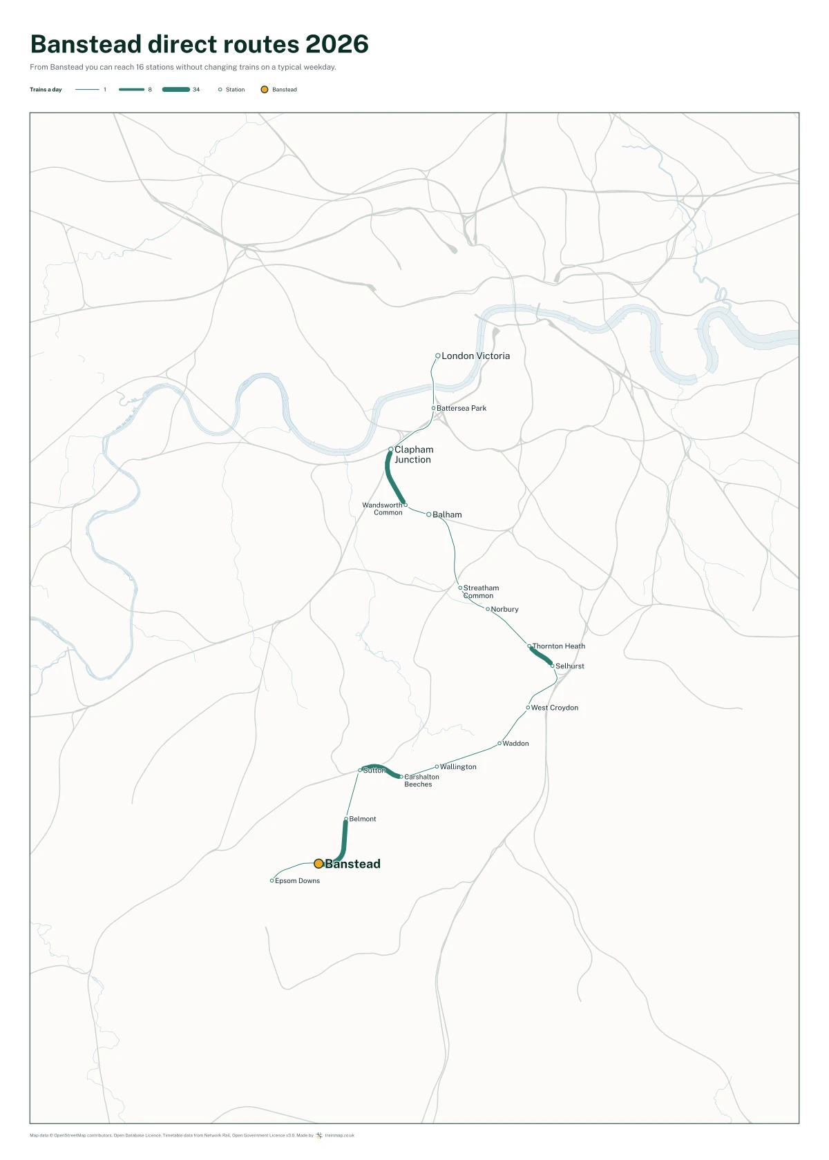 Banstead direct routes 2026: a map of every station you can reach from Banstead without changing trains, the lines thicker where more trains run