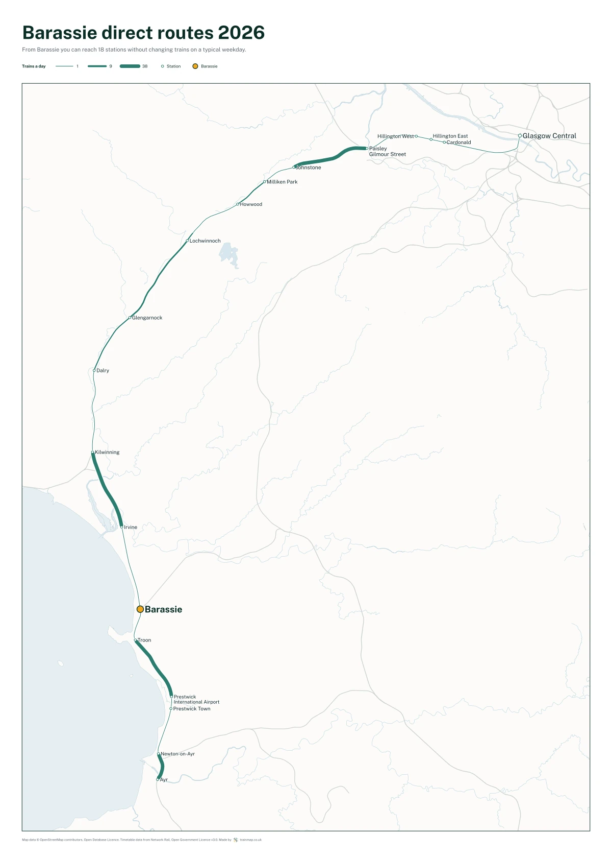 Barassie direct routes 2026: a map of every station you can reach from Barassie without changing trains, the lines thicker where more trains run