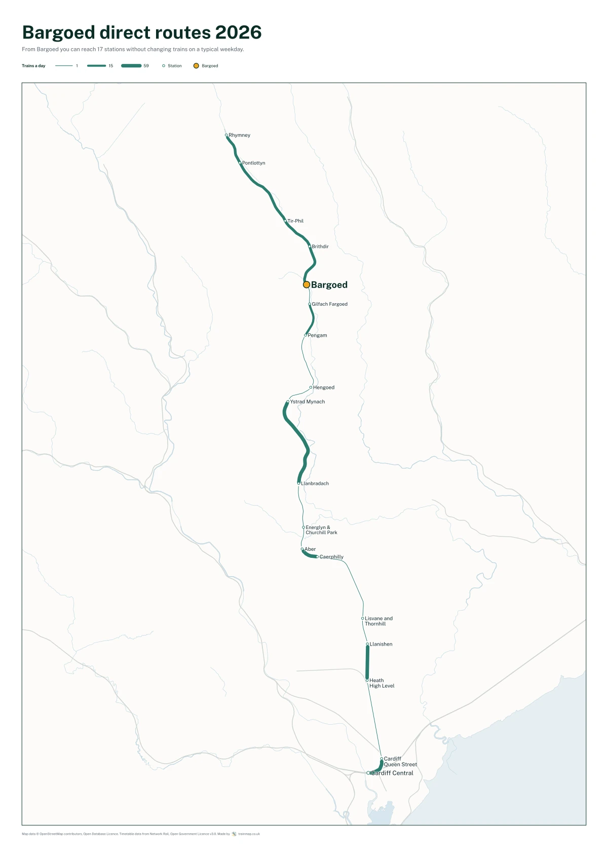 Bargoed direct routes 2026: a map of every station you can reach from Bargoed without changing trains, the lines thicker where more trains run