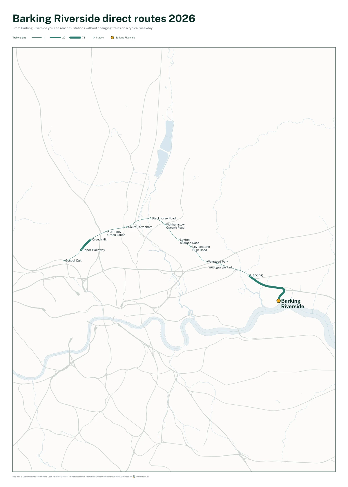 Barking Riverside direct routes 2026: a map of every station you can reach from Barking Riverside without changing trains, the lines thicker where more trains run