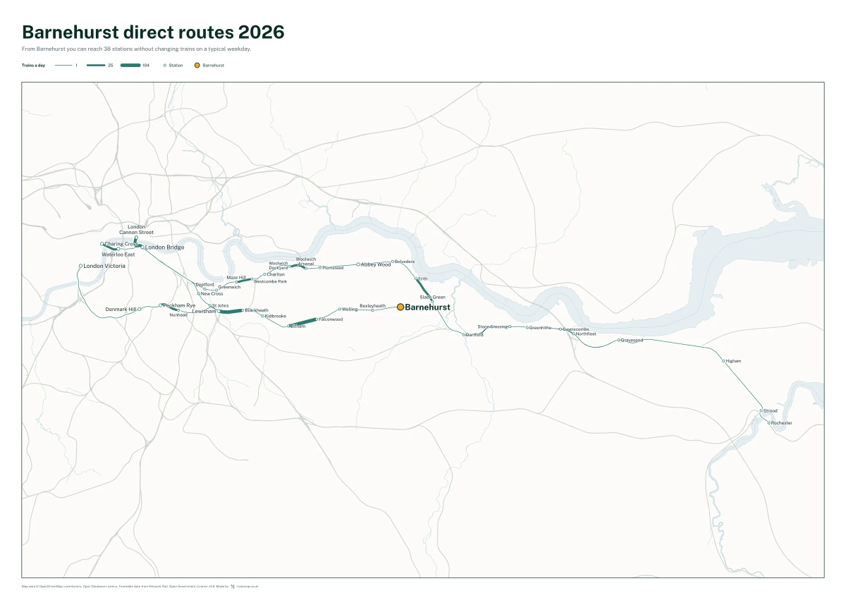 Barnehurst direct routes 2026: a map of every station you can reach from Barnehurst without changing trains, the lines thicker where more trains run