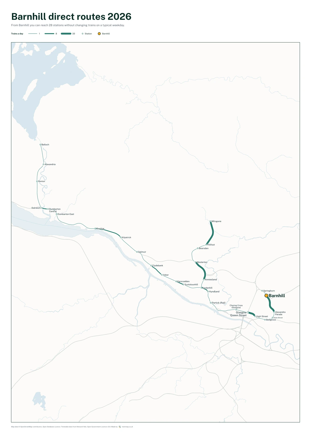 Barnhill direct routes 2026: a map of every station you can reach from Barnhill without changing trains, the lines thicker where more trains run