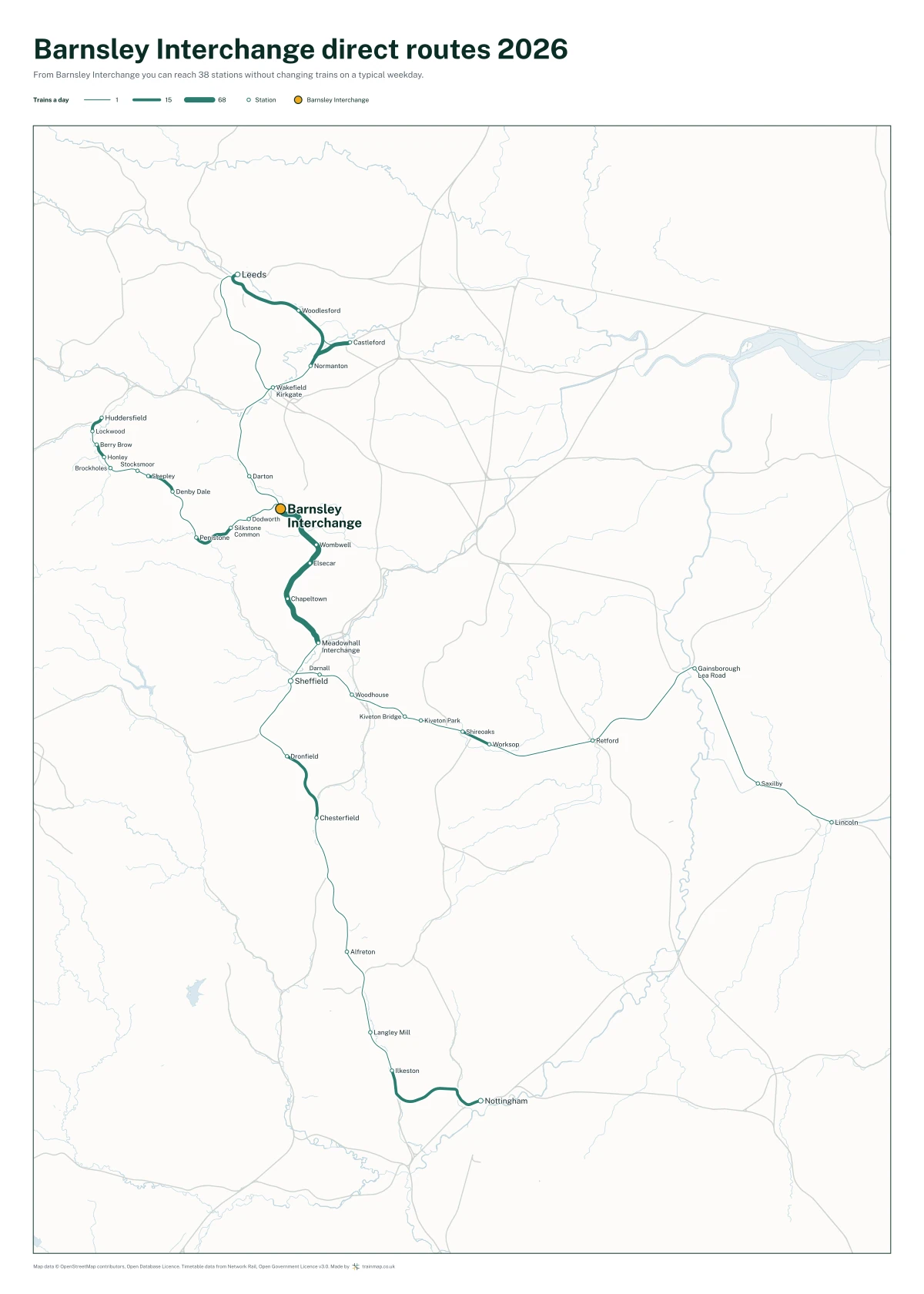 Barnsley Interchange direct routes 2026: a map of every station you can reach from Barnsley Interchange without changing trains, the lines thicker where more trains run