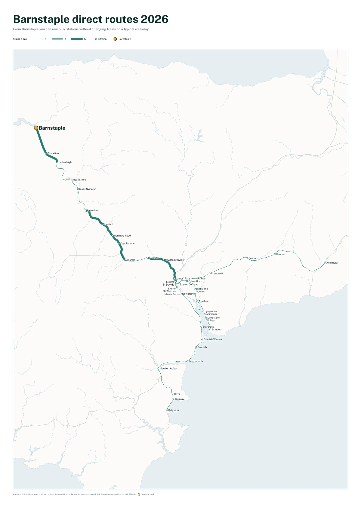 Barnstaple direct routes 2026: a map of every station you can reach from Barnstaple without changing trains, the lines thicker where more trains run