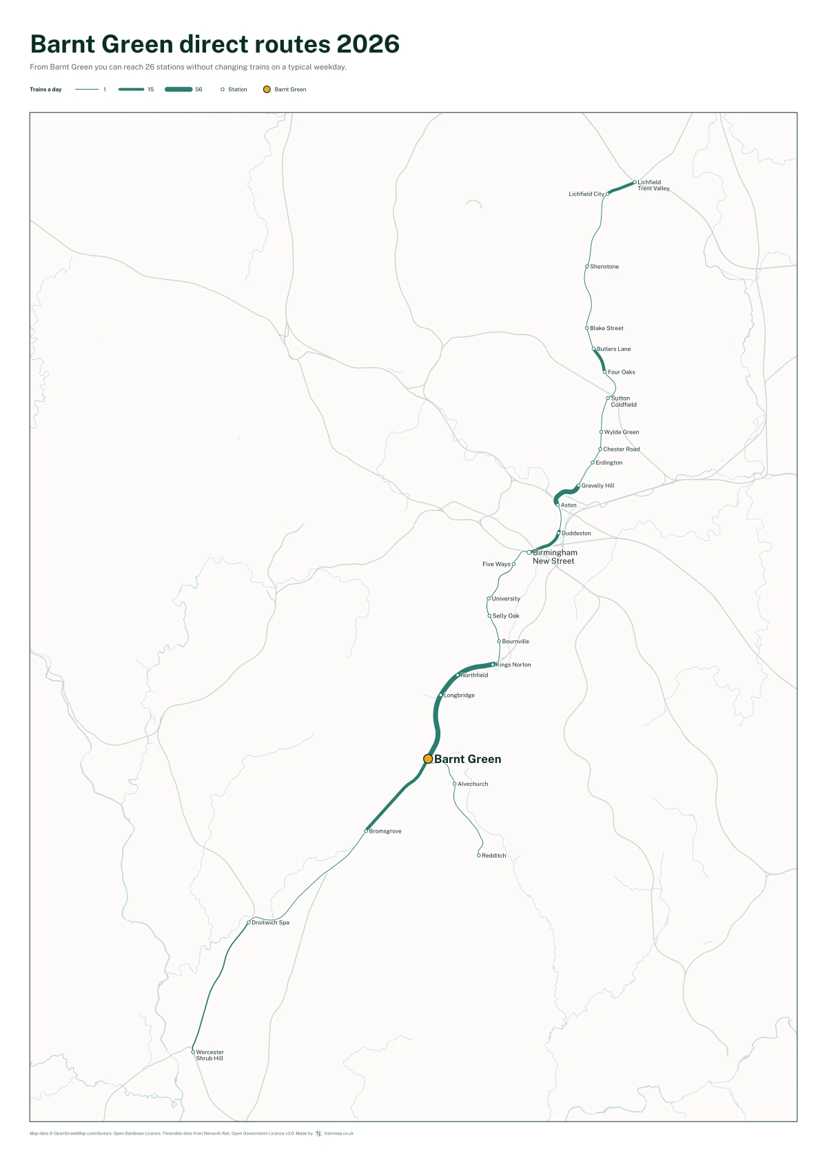 Barnt Green direct routes 2026: a map of every station you can reach from Barnt Green without changing trains, the lines thicker where more trains run