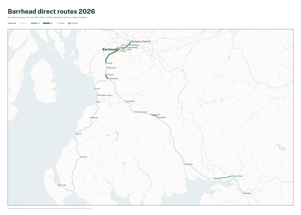 Barrhead direct routes 2026: a map of every station you can reach from Barrhead without changing trains, the lines thicker where more trains run