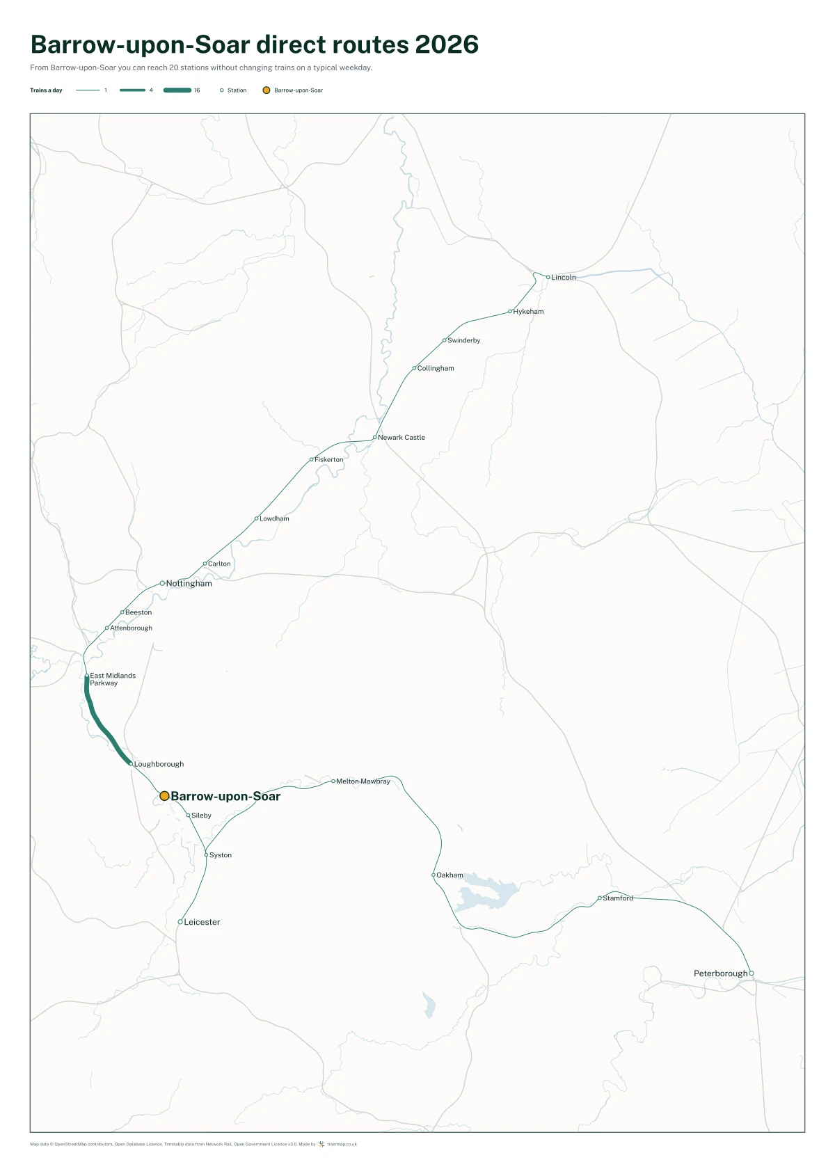Barrow-upon-Soar direct routes 2026: a map of every station you can reach from Barrow-upon-Soar without changing trains, the lines thicker where more trains run