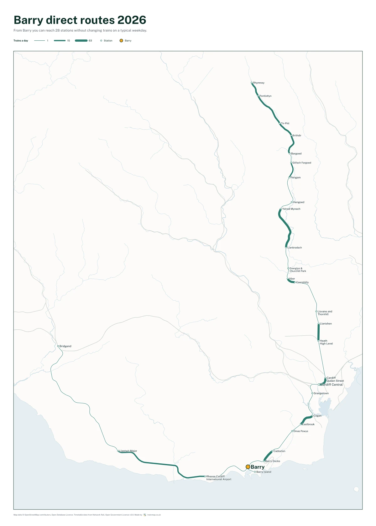 Barry direct routes 2026: a map of every station you can reach from Barry without changing trains, the lines thicker where more trains run