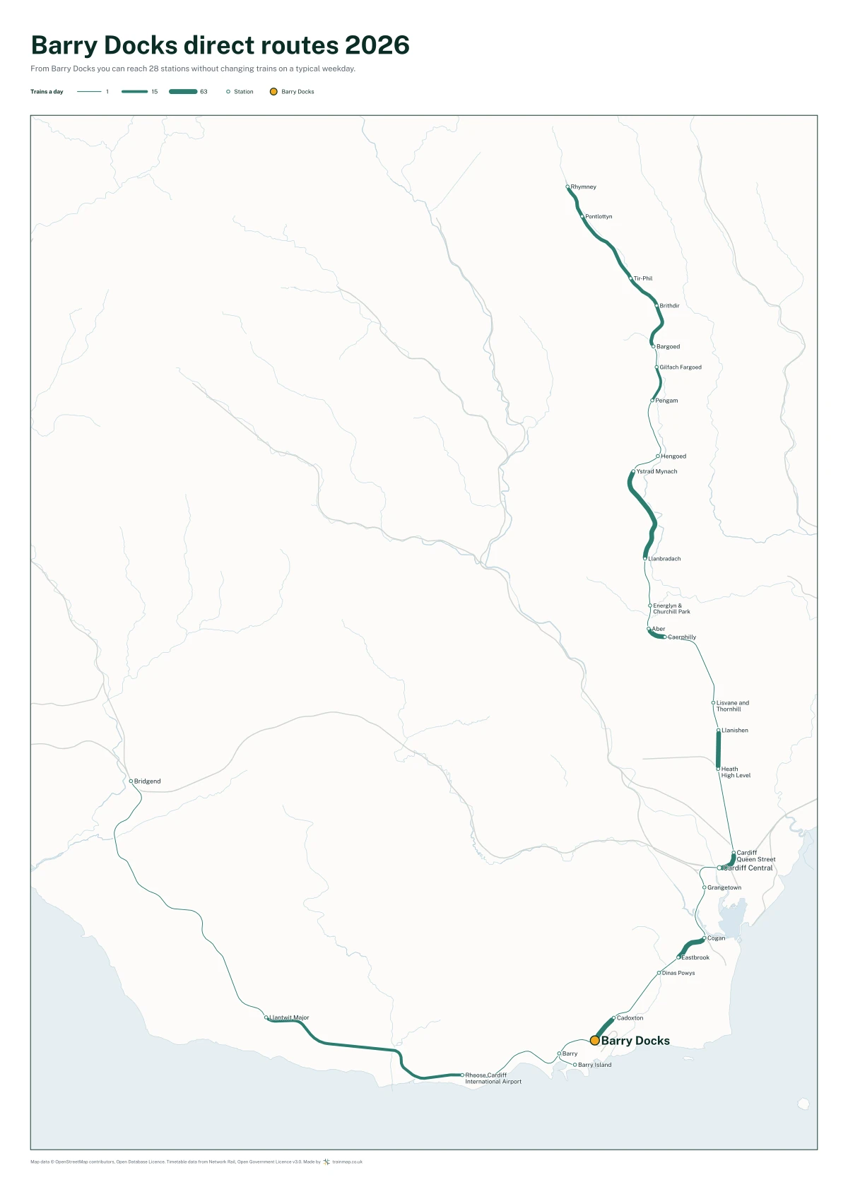 Barry Docks direct routes 2026: a map of every station you can reach from Barry Docks without changing trains, the lines thicker where more trains run