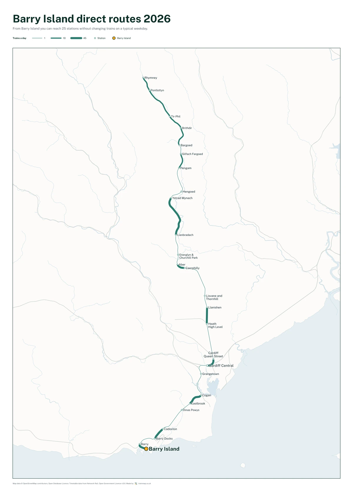 Barry Island direct routes 2026: a map of every station you can reach from Barry Island without changing trains, the lines thicker where more trains run