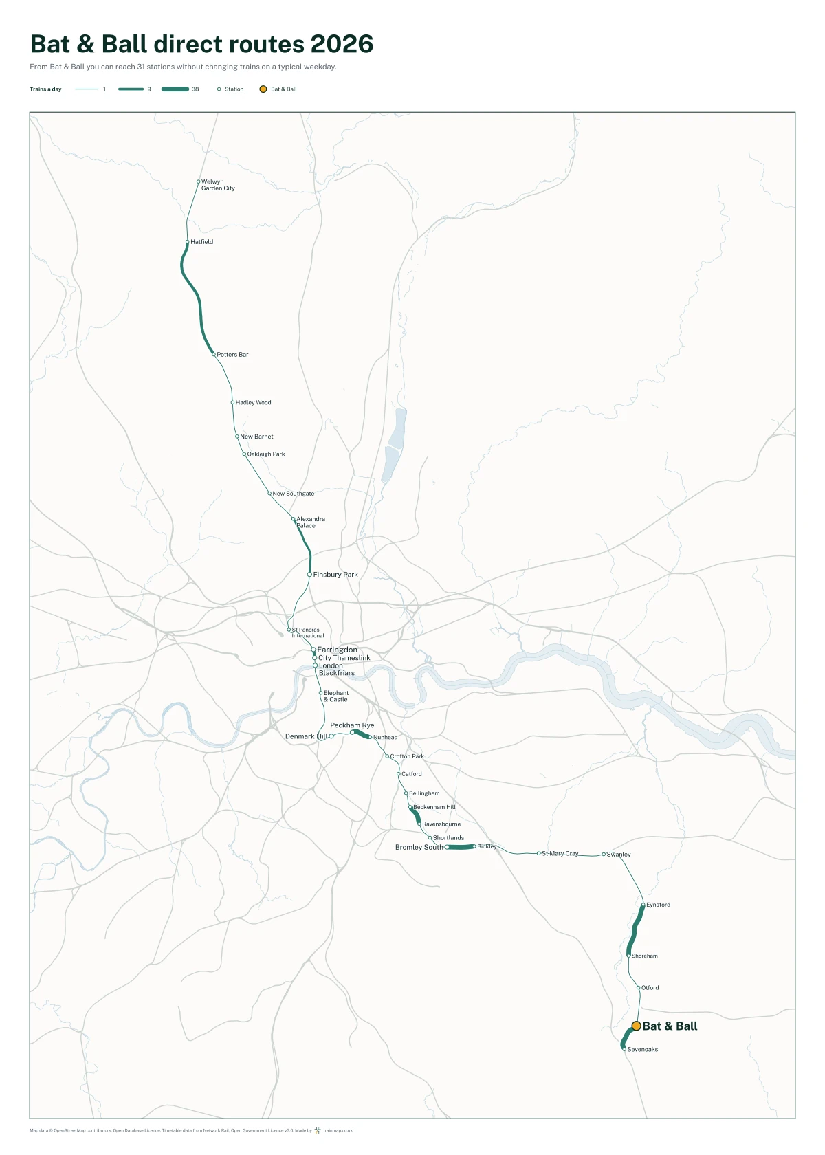 Bat & Ball direct routes 2026: a map of every station you can reach from Bat & Ball without changing trains, the lines thicker where more trains run