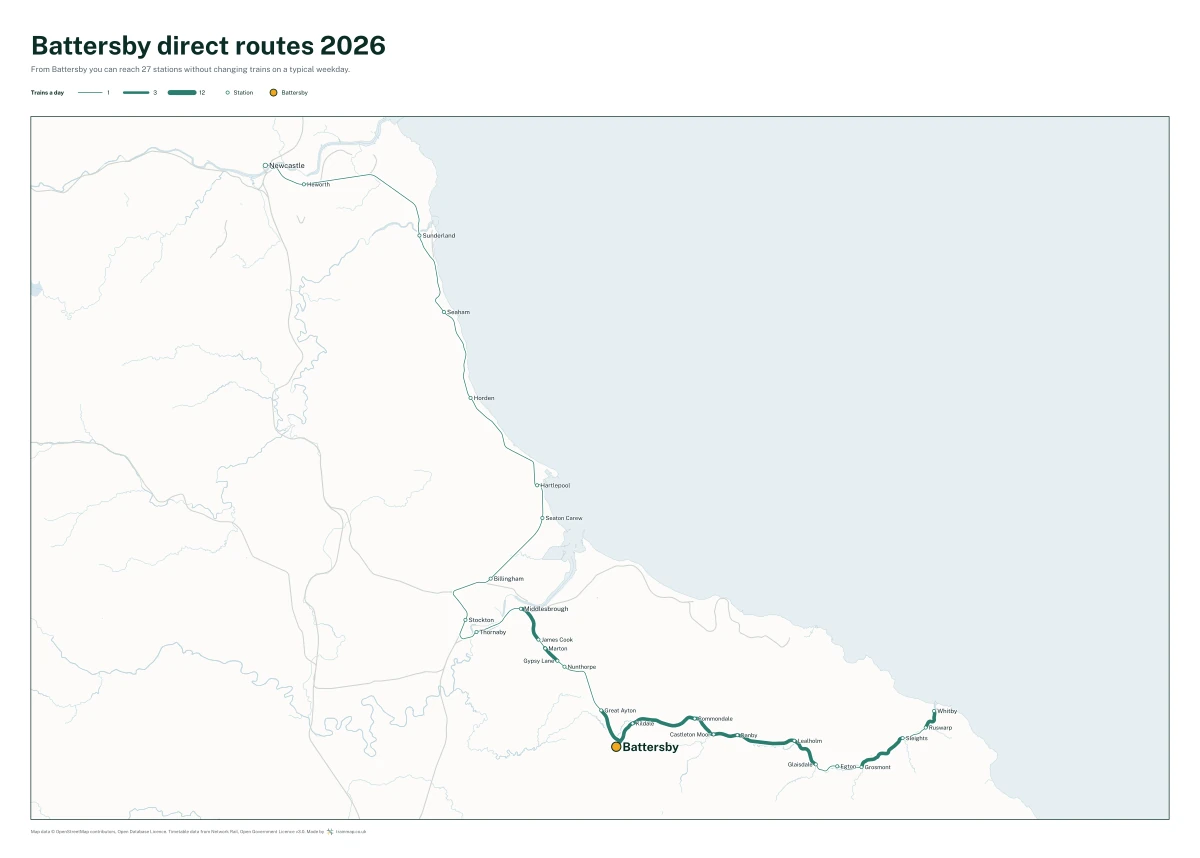 Battersby direct routes 2026: a map of every station you can reach from Battersby without changing trains, the lines thicker where more trains run