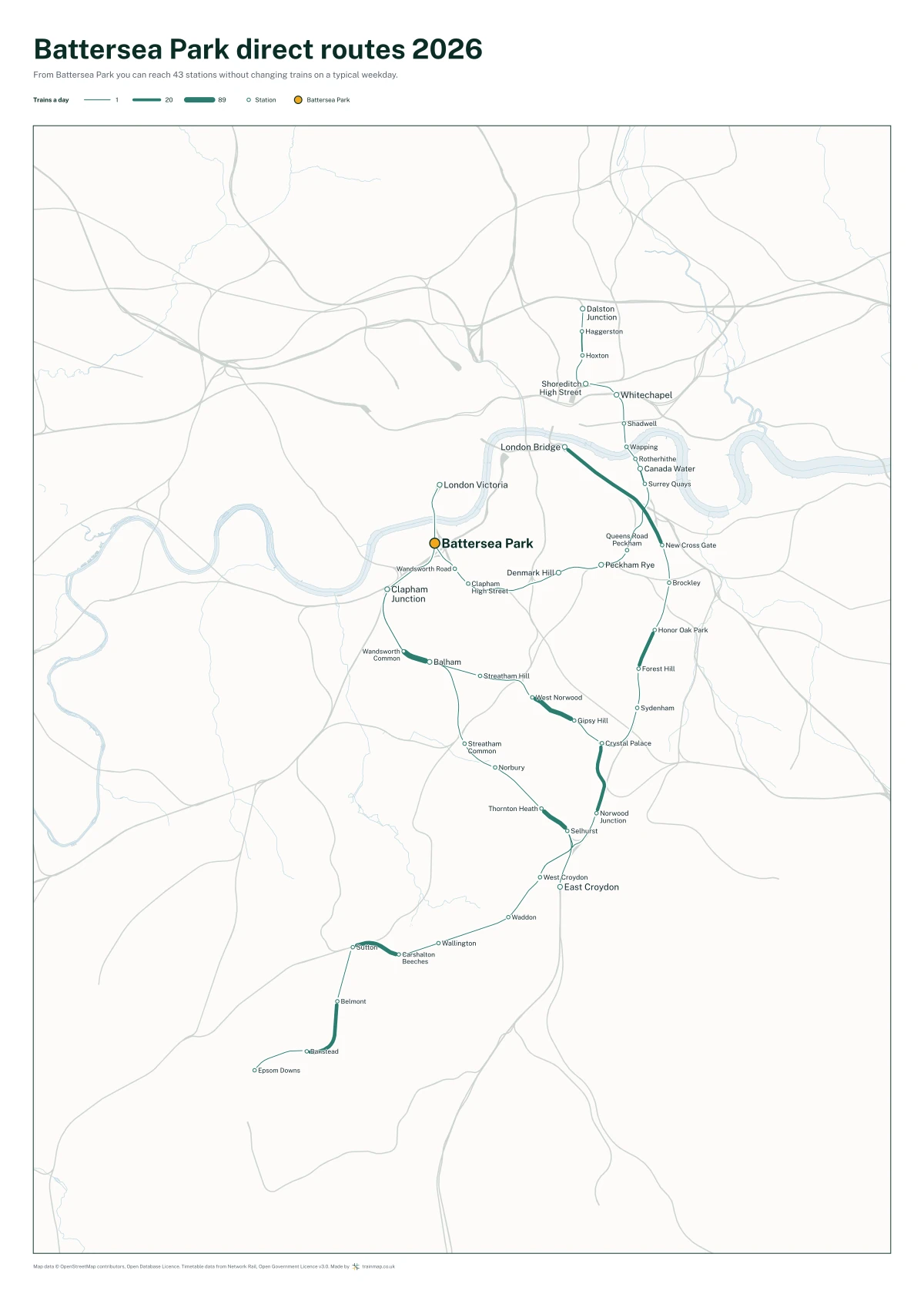 Battersea Park direct routes 2026: a map of every station you can reach from Battersea Park without changing trains, the lines thicker where more trains run