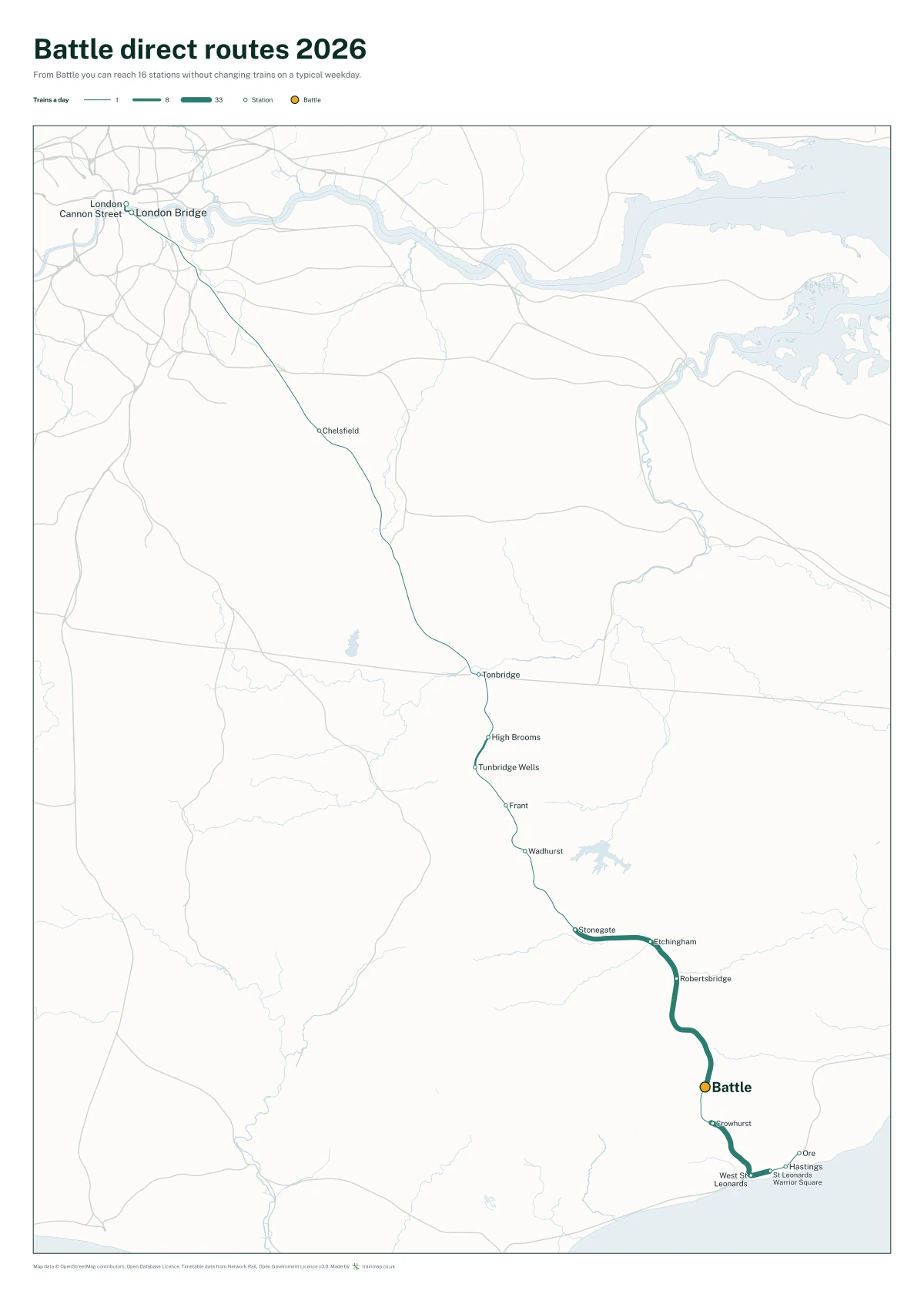 Battle direct routes 2026: a map of every station you can reach from Battle without changing trains, the lines thicker where more trains run