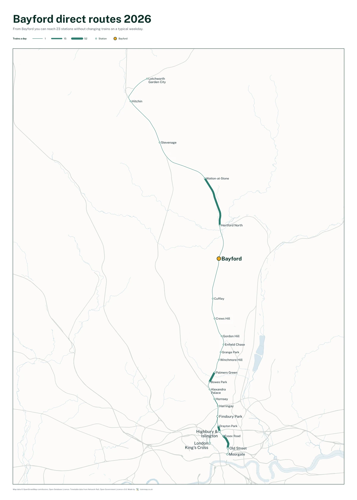 Bayford direct routes 2026: a map of every station you can reach from Bayford without changing trains, the lines thicker where more trains run