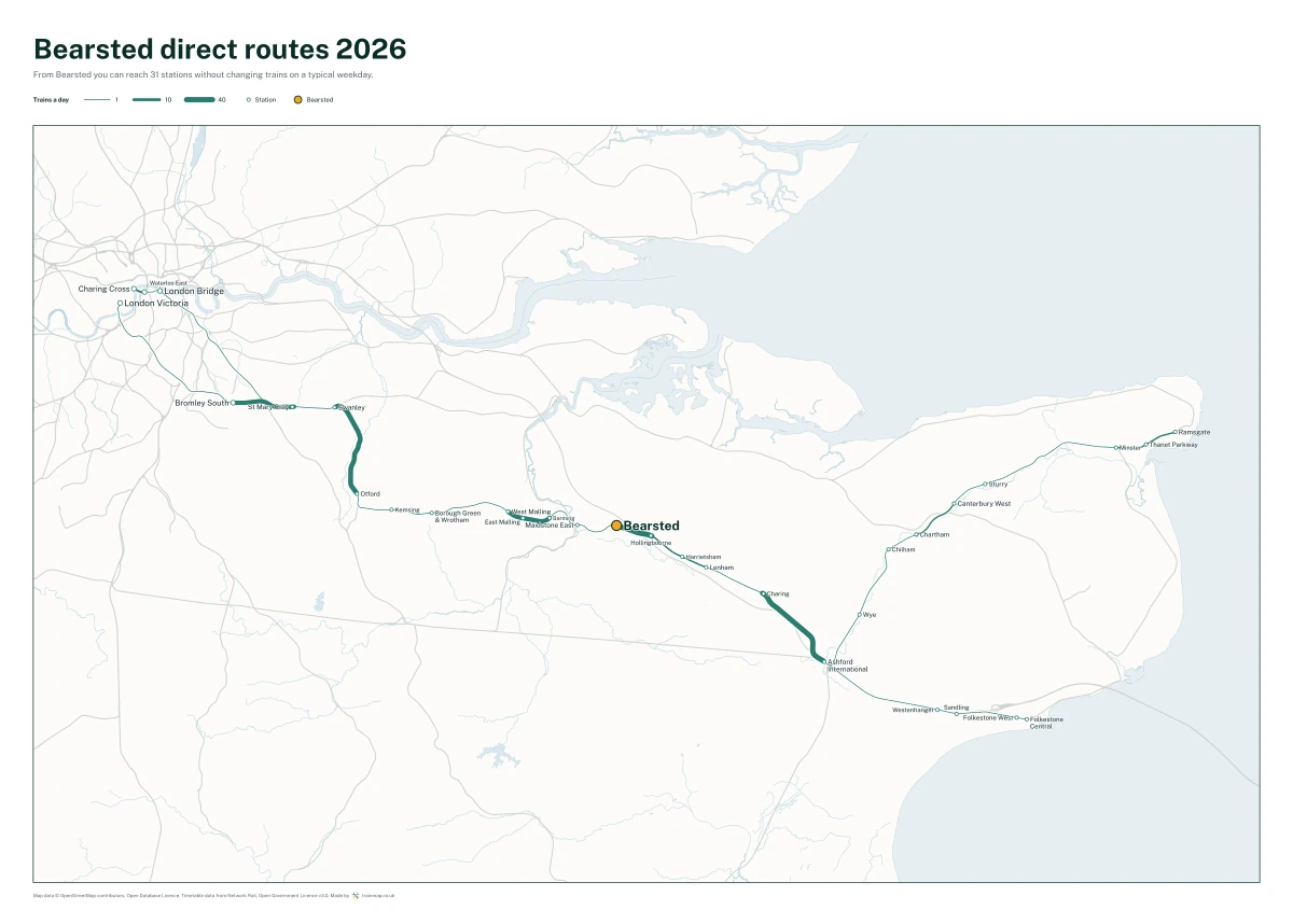 Bearsted direct routes 2026: a map of every station you can reach from Bearsted without changing trains, the lines thicker where more trains run