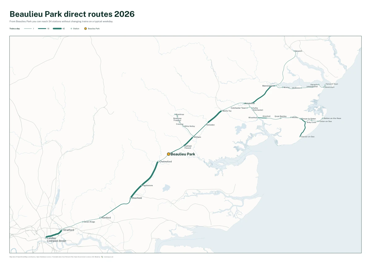 Beaulieu Park direct routes 2026: a map of every station you can reach from Beaulieu Park without changing trains, the lines thicker where more trains run