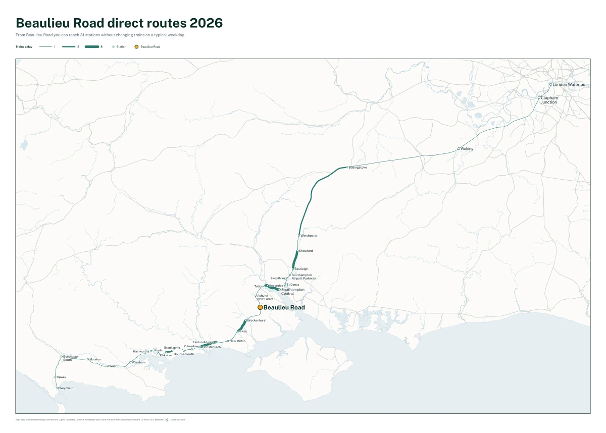 Beaulieu Road direct routes 2026: a map of every station you can reach from Beaulieu Road without changing trains, the lines thicker where more trains run