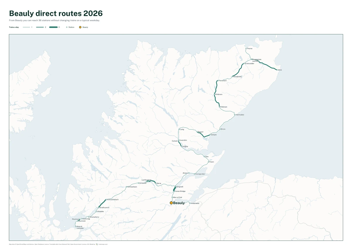 Beauly direct routes 2026: a map of every station you can reach from Beauly without changing trains, the lines thicker where more trains run