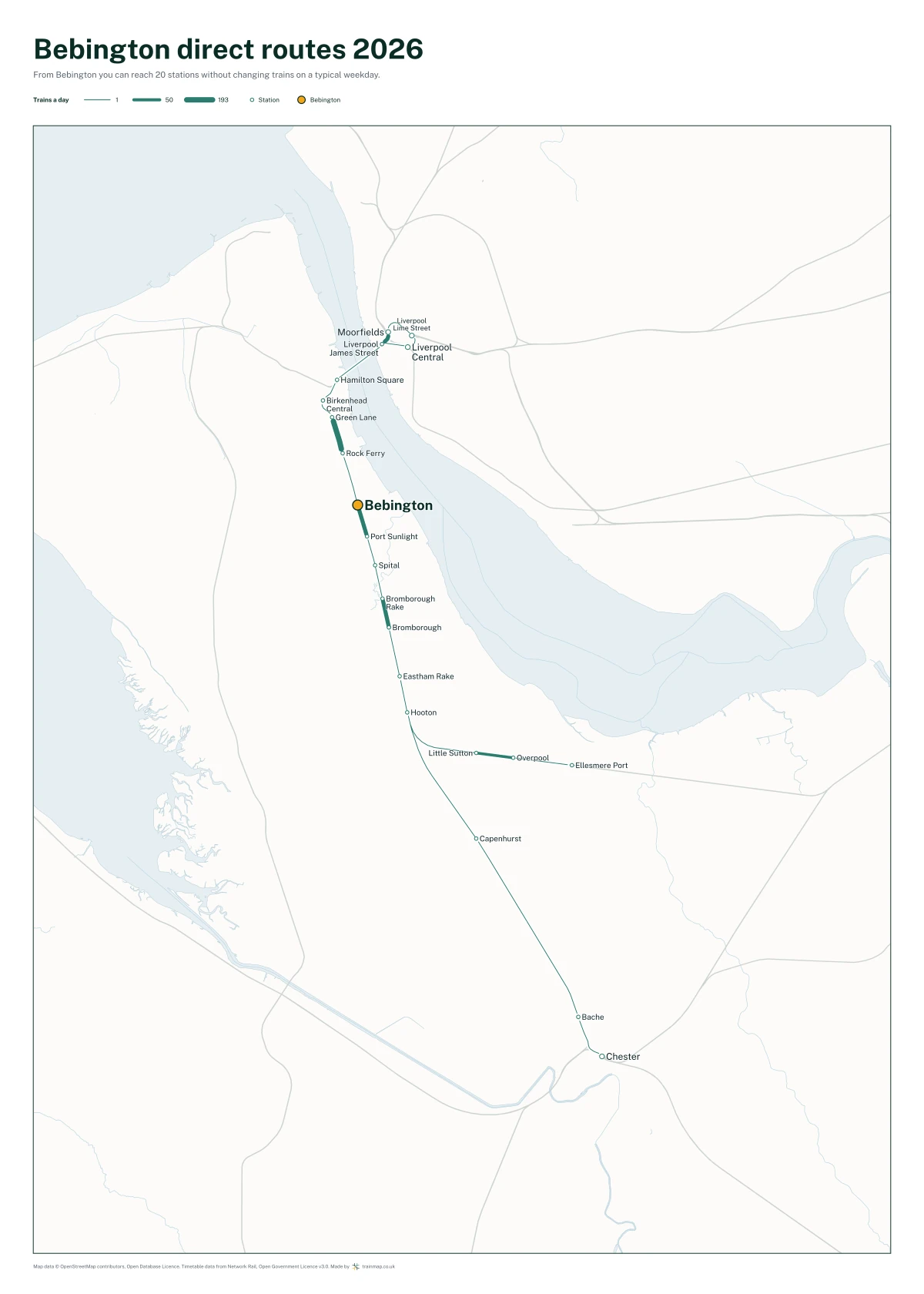 Bebington direct routes 2026: a map of every station you can reach from Bebington without changing trains, the lines thicker where more trains run