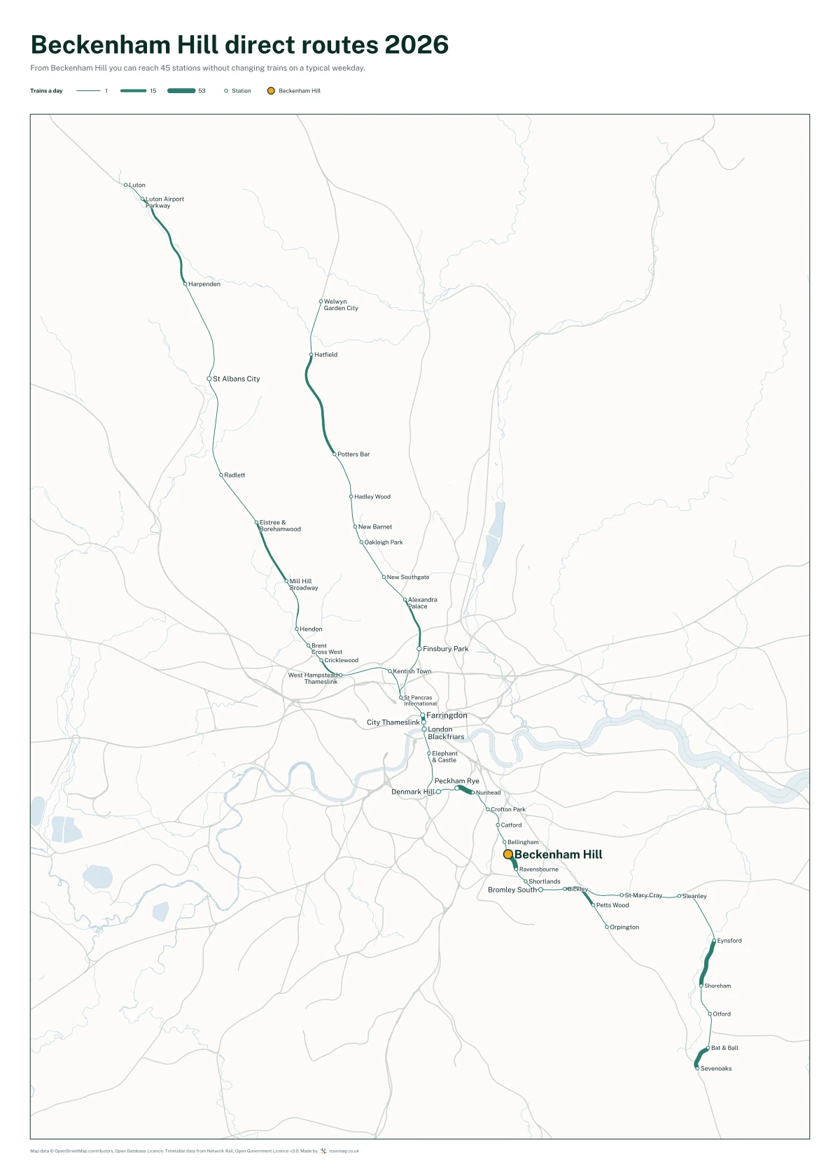 Beckenham Hill direct routes 2026: a map of every station you can reach from Beckenham Hill without changing trains, the lines thicker where more trains run
