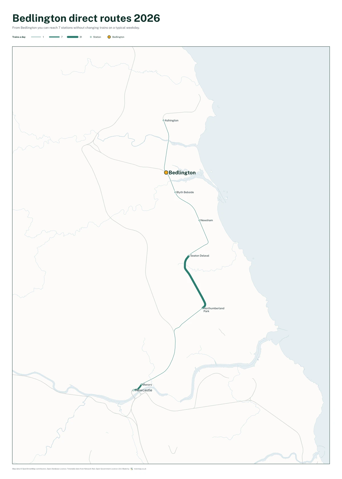 Bedlington direct routes 2026: a map of every station you can reach from Bedlington without changing trains, the lines thicker where more trains run