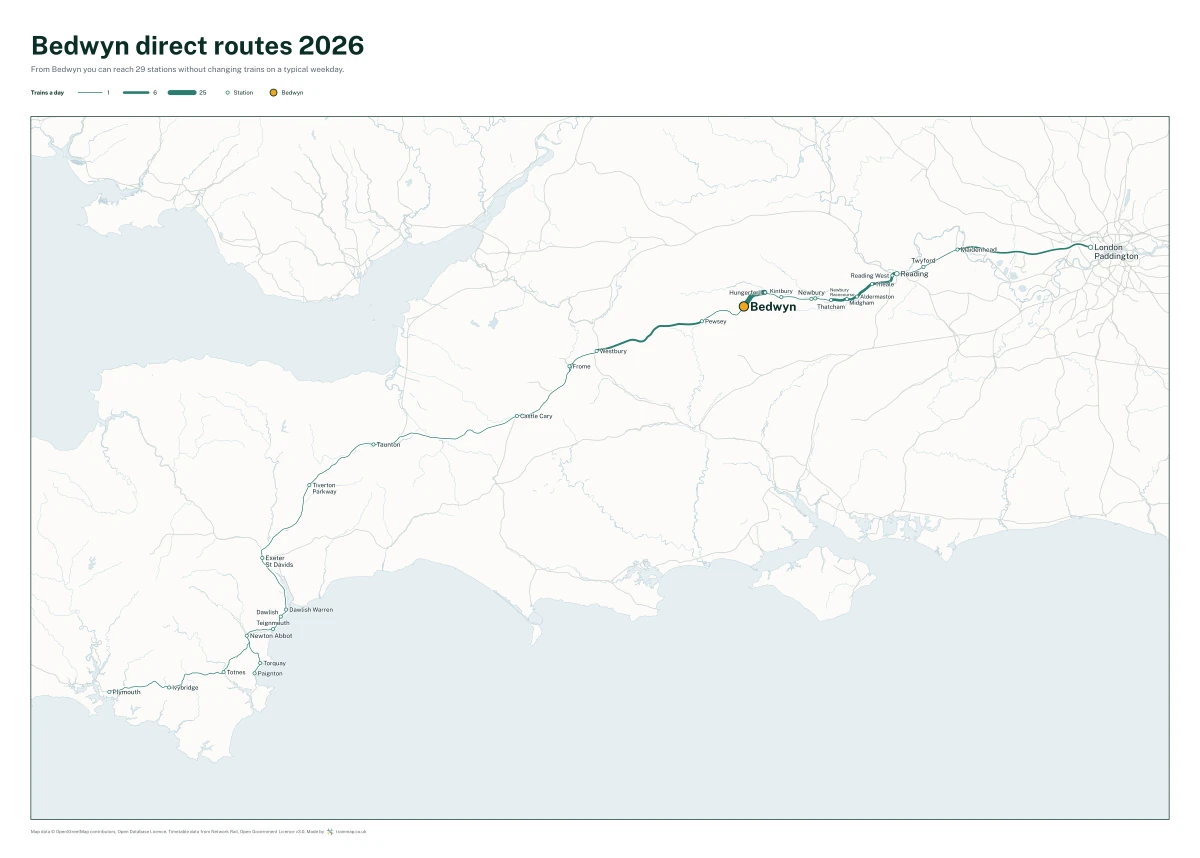 Bedwyn direct routes 2026: a map of every station you can reach from Bedwyn without changing trains, the lines thicker where more trains run