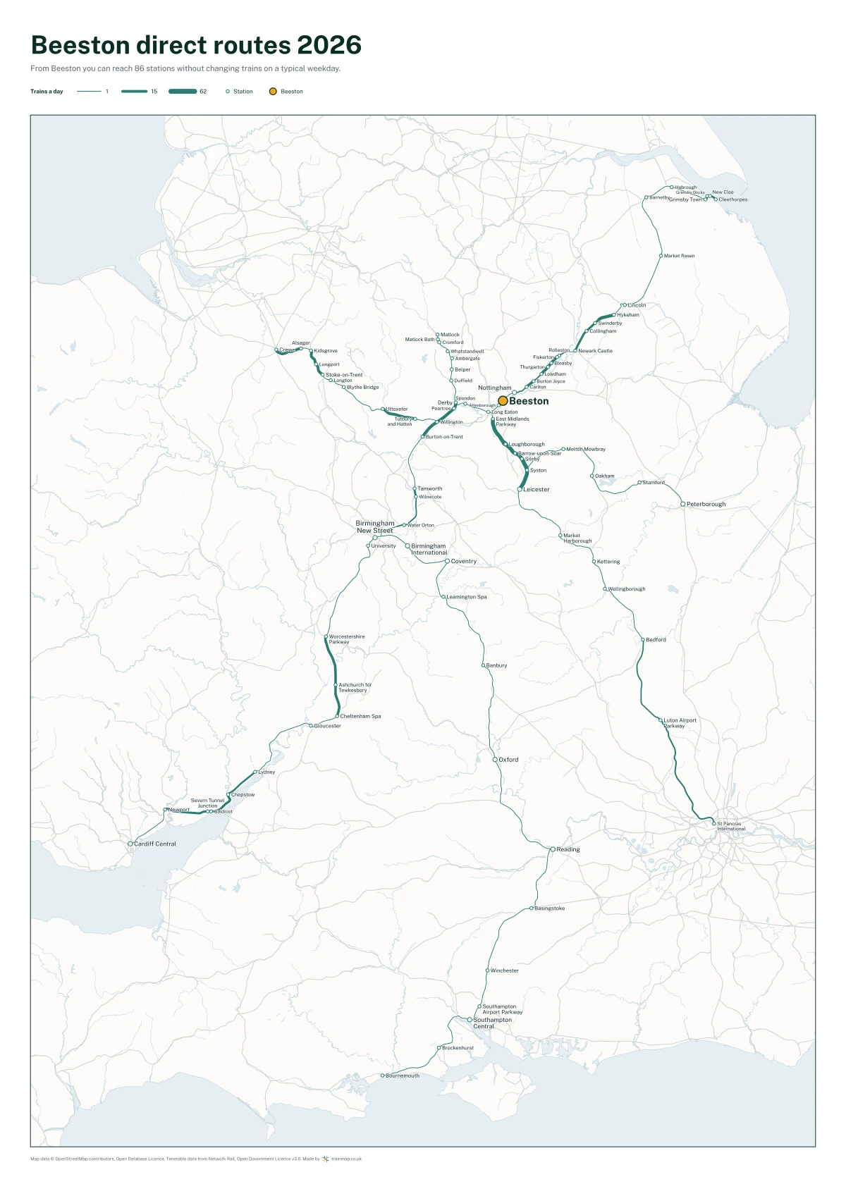 Beeston direct routes 2026: a map of every station you can reach from Beeston without changing trains, the lines thicker where more trains run