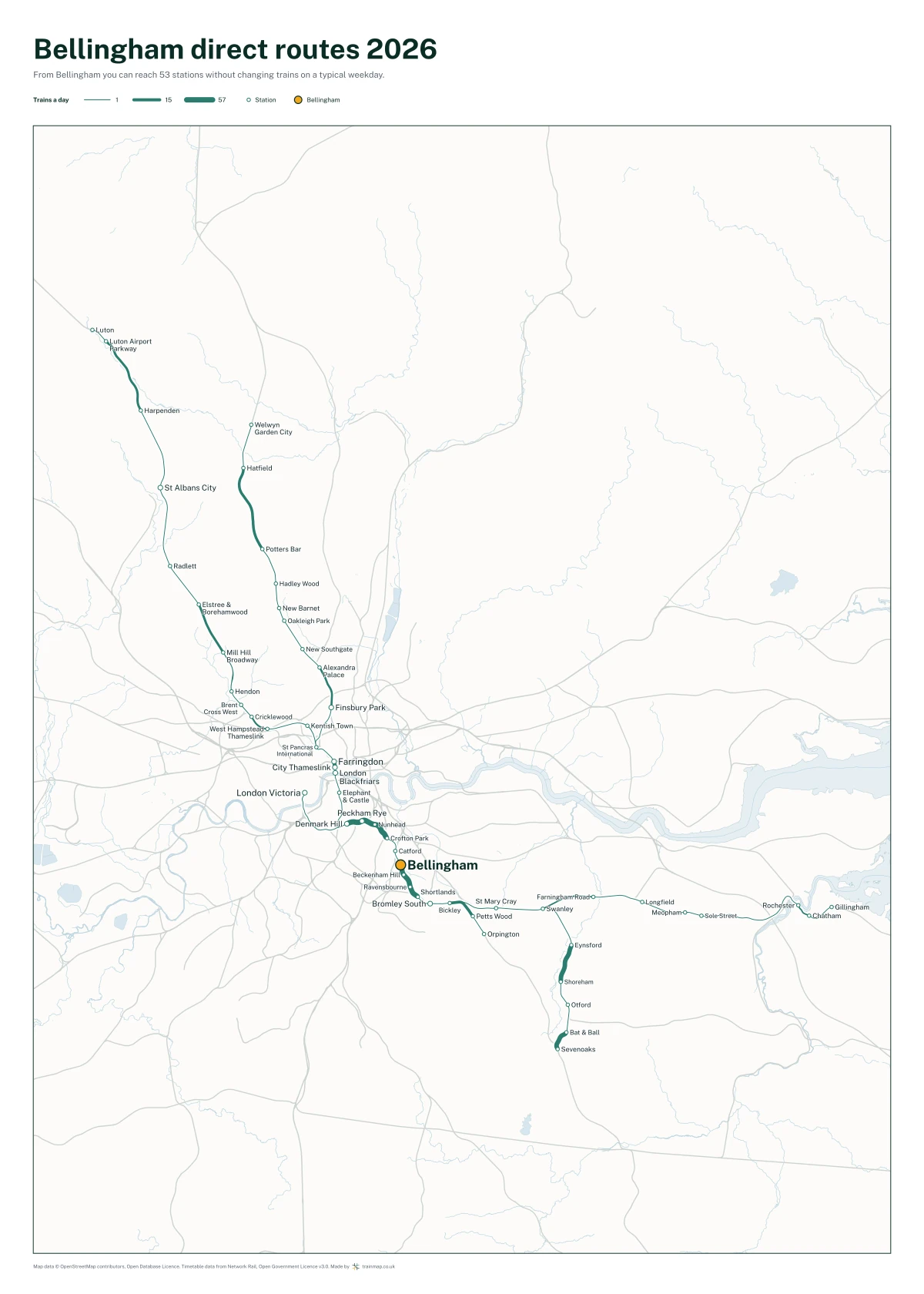 Bellingham direct routes 2026: a map of every station you can reach from Bellingham without changing trains, the lines thicker where more trains run
