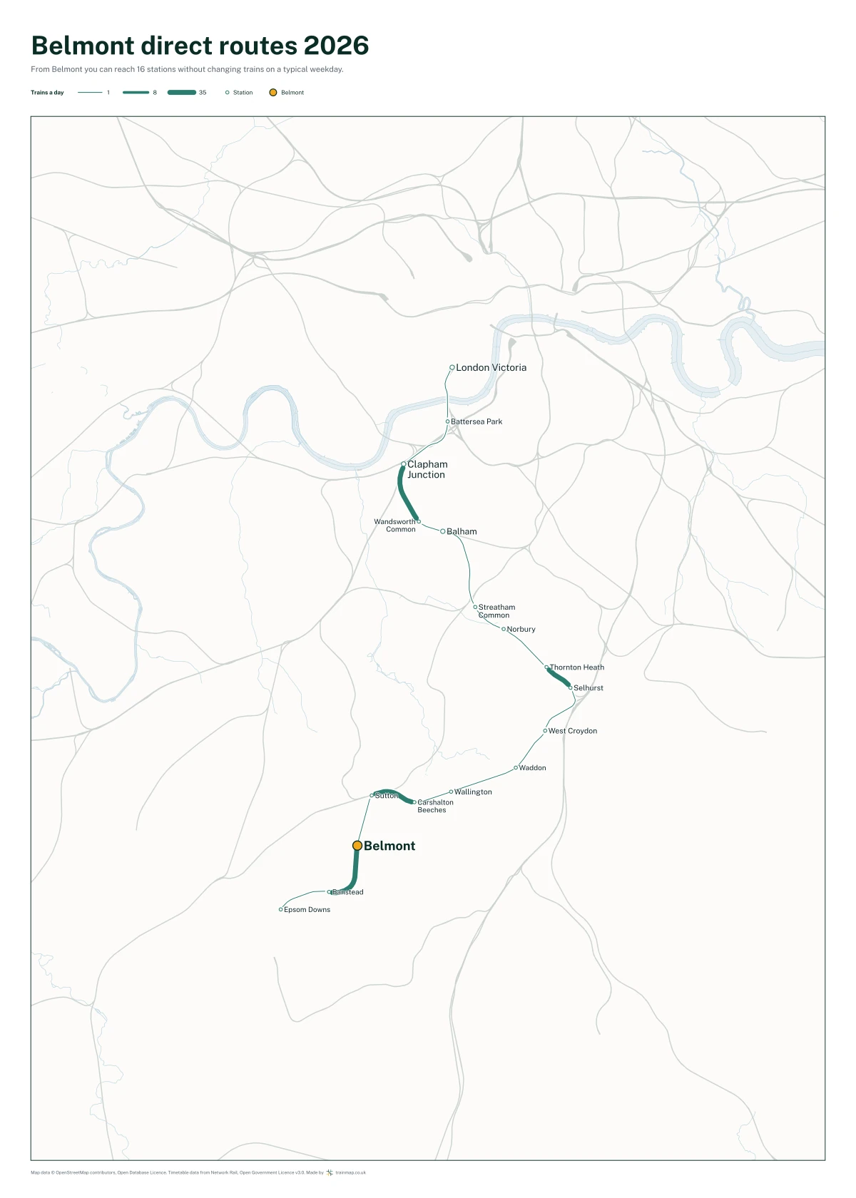 Belmont direct routes 2026: a map of every station you can reach from Belmont without changing trains, the lines thicker where more trains run