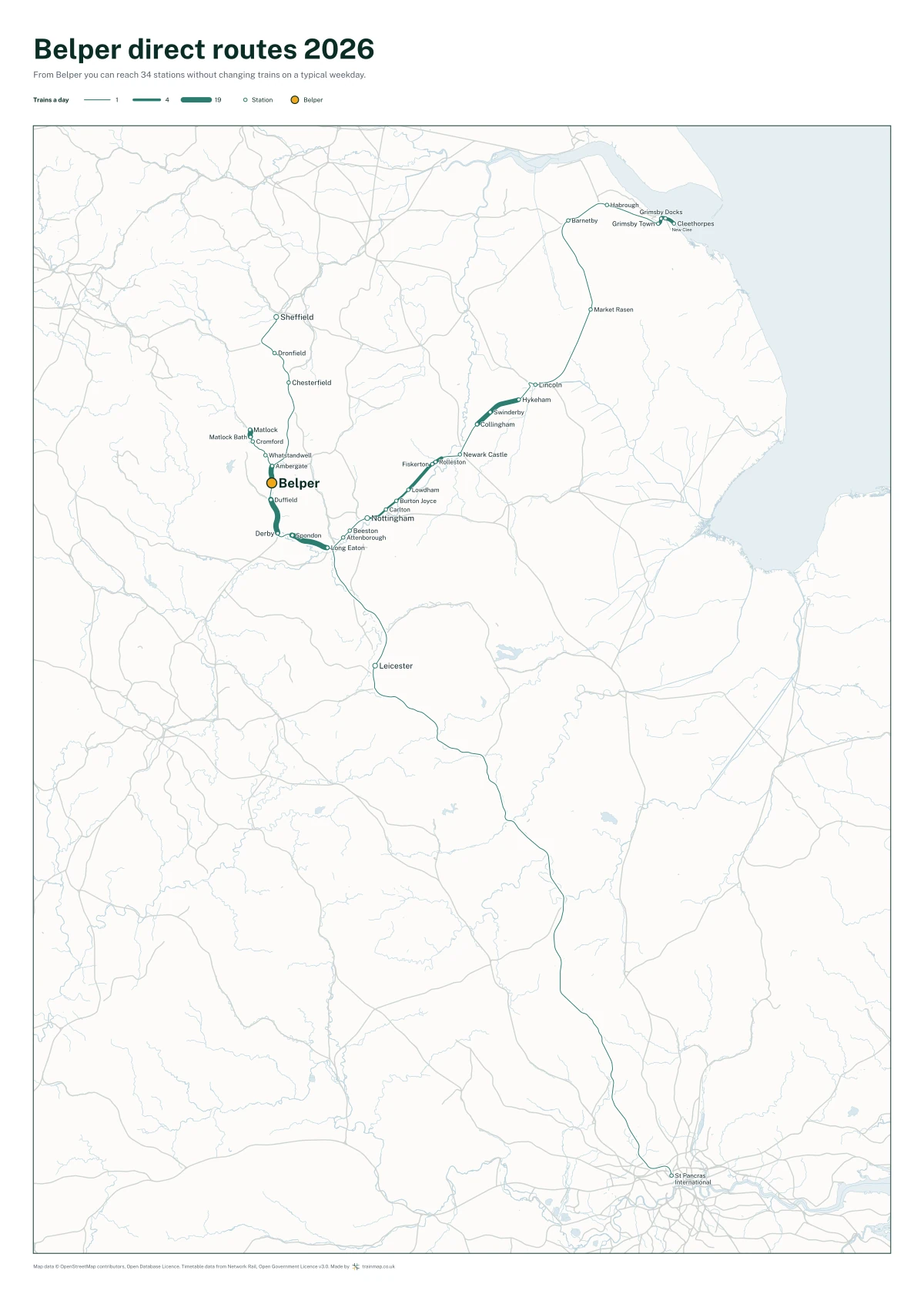 Belper direct routes 2026: a map of every station you can reach from Belper without changing trains, the lines thicker where more trains run